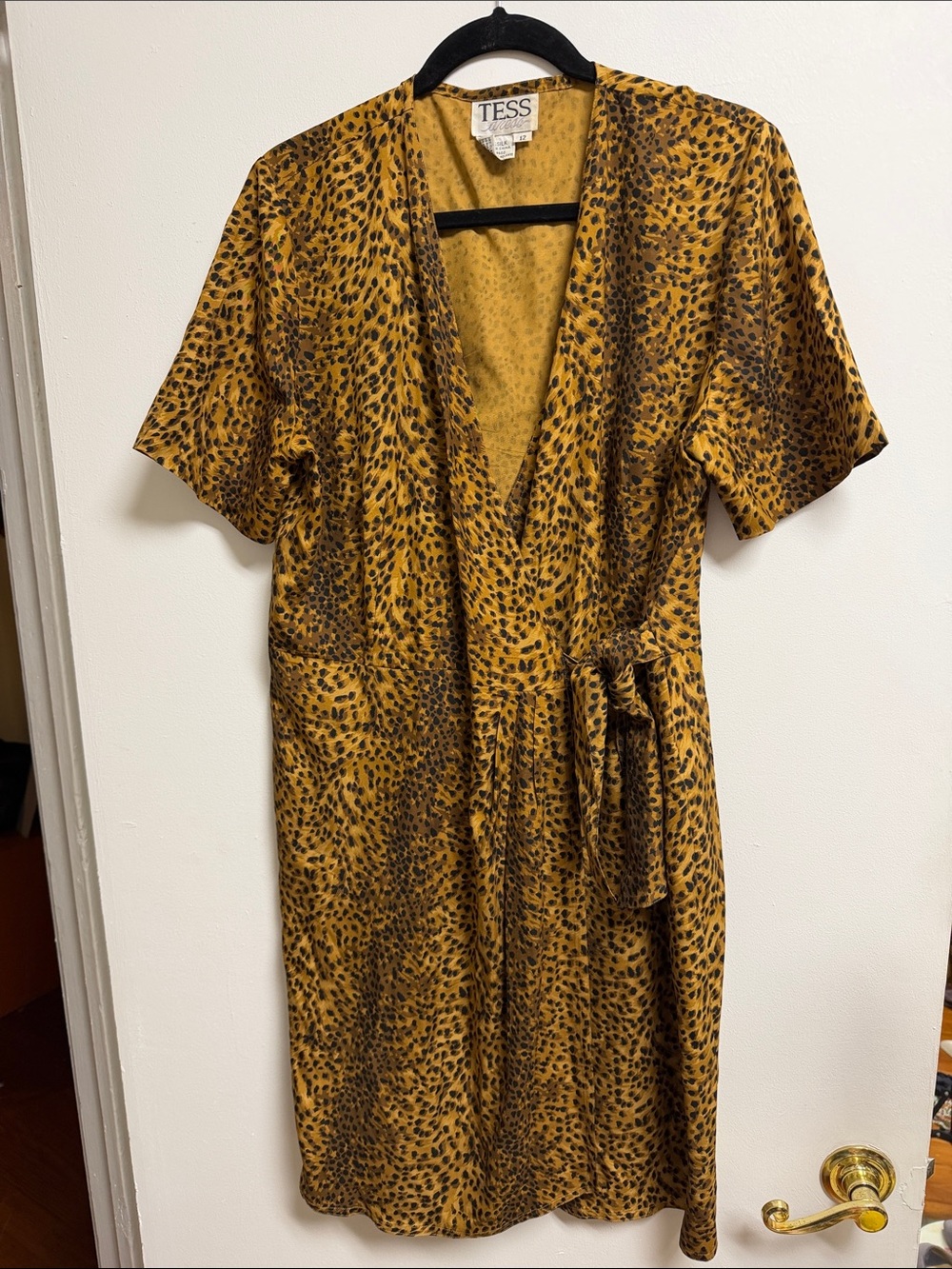 Vintage Cheetah Brown Black Sootted Animal Print Silk Wrap Mini Dress 12 Large